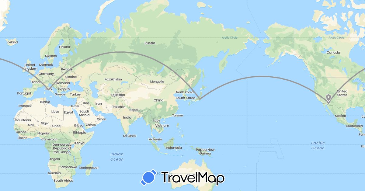 TravelMap itinerary: driving, plane in France, Italy, Japan, United States (Asia, Europe, North America)